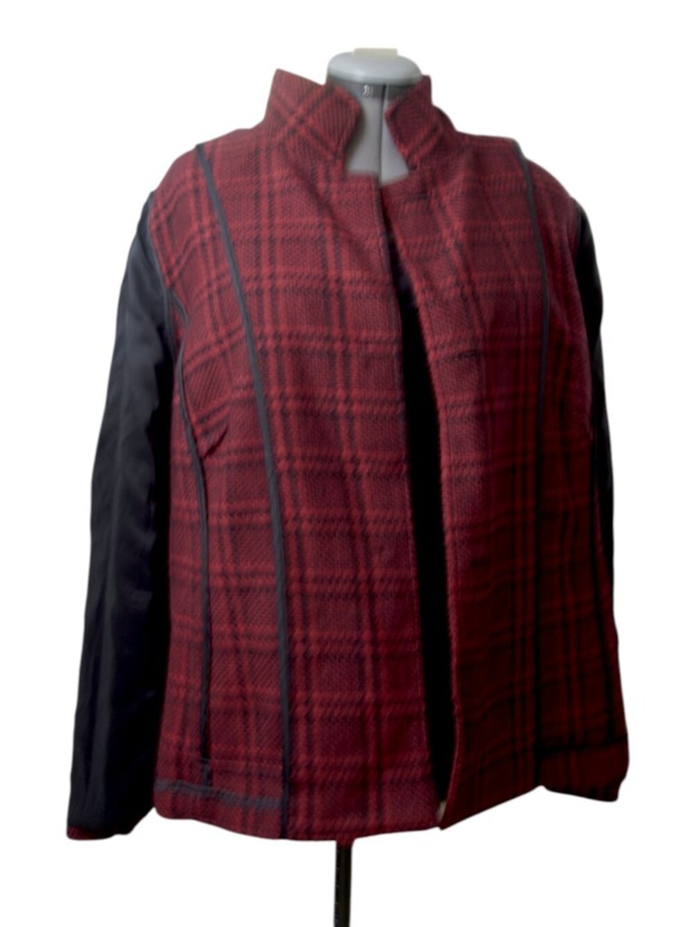 Talbots Woman 16W Red Black Houndstooth Wool Blend Convertible Collar Blazer - Picture 10 of 16